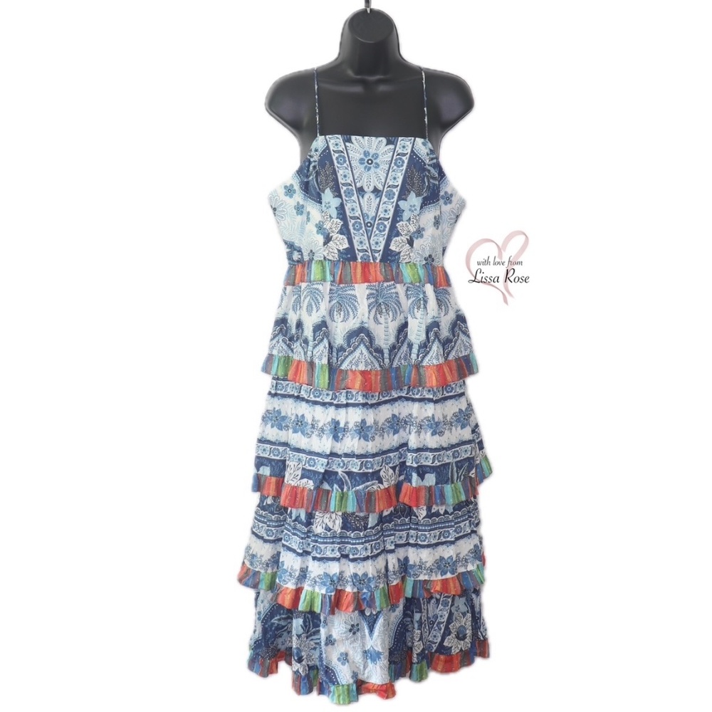 FARM Rio Blue and Red Patterned Midi Dress